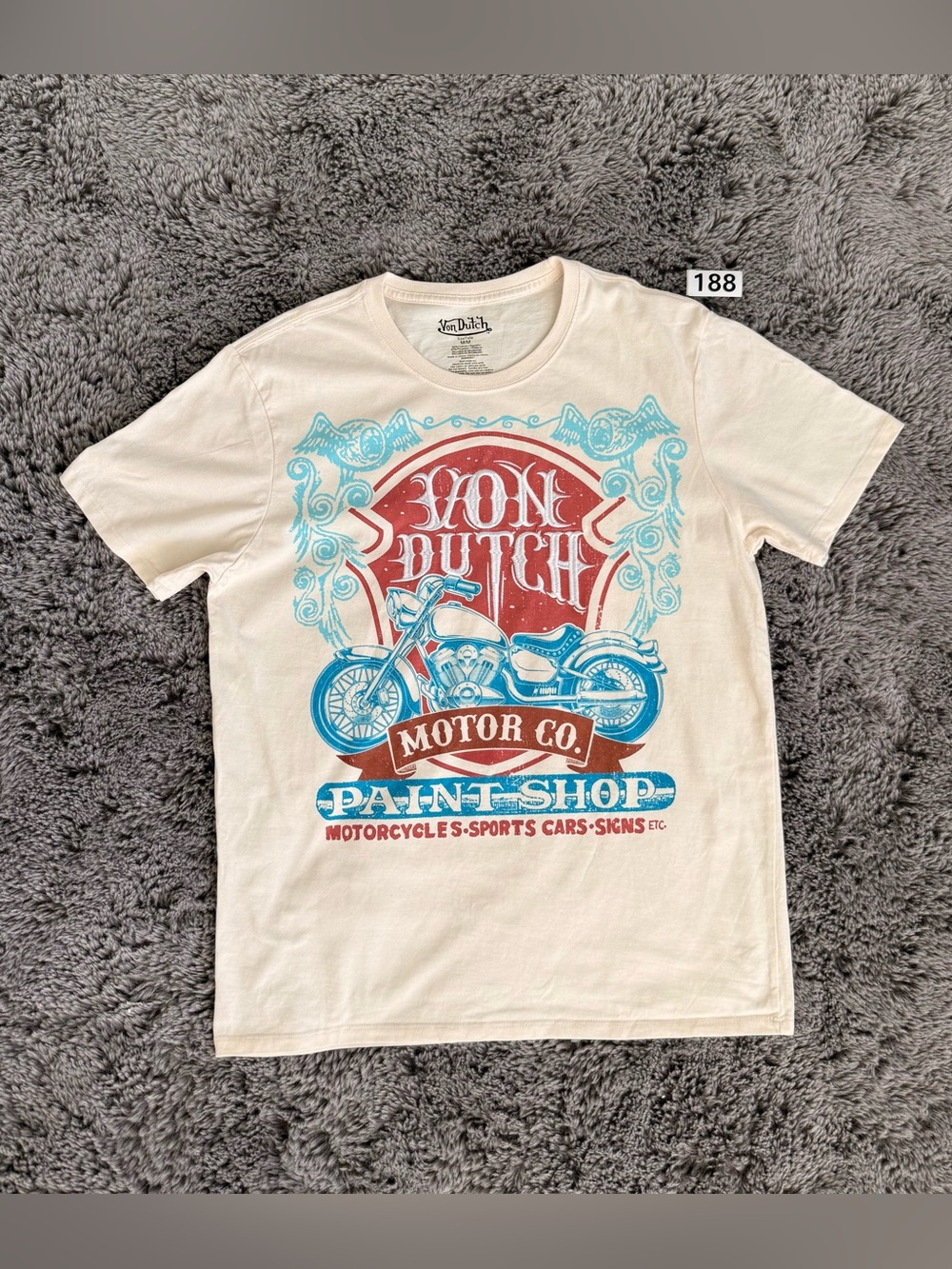 Von Dutch Cream Tee with Blue Motorcycle & Red Logo